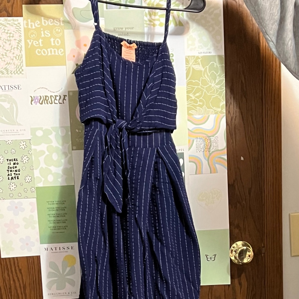 TJ MAXX tank top jumpsuit blue and white vertical striped
